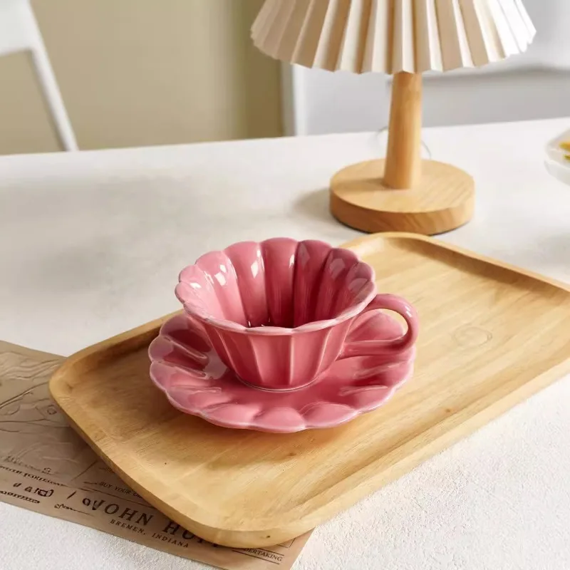 Pink Ceramic Coffee Cup and Plate Set, Gradient Color, Household Drinking Utensils, Kitchen, Living Room, Dining Table Decoratio