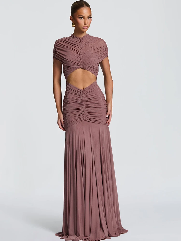 JULISSA MO Patchwork Sexy Hollow Out Sheer Mesh Dames Maxi-jurk Coltrui Jurk met ruches Lente Slanke elegante feestavondjurk