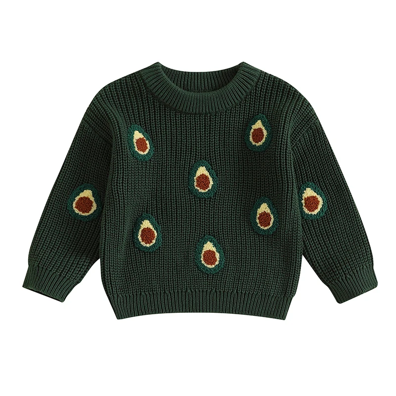 

Baby Knit Sweaters Long Sleeve Round Neck Avocado Embroidery Pullover Infant Fall Tops