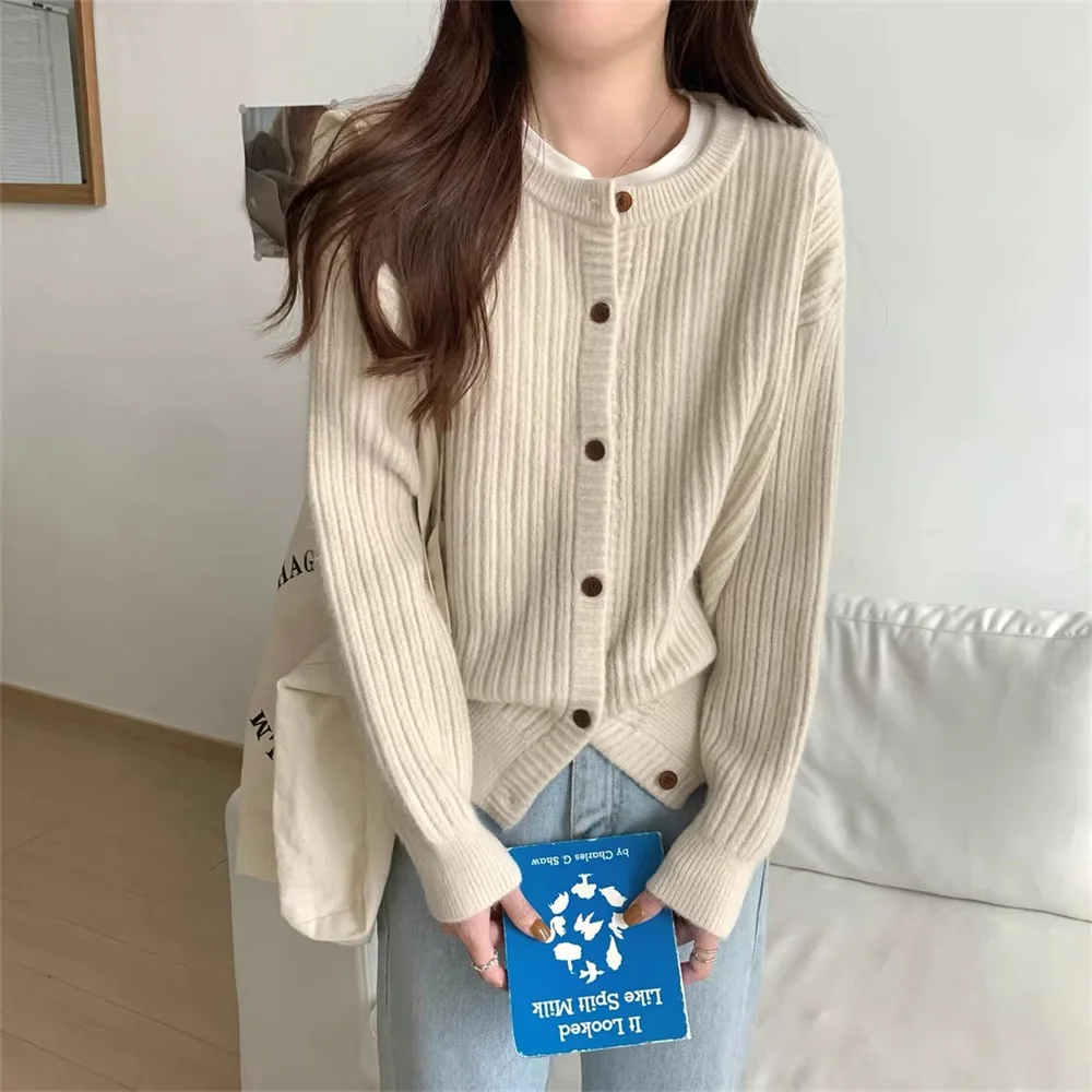 

2025 Autumn and Winter Clothes Women New Pit Strip Crew Neck Sweater Coat Women Solid Loose Versatile Knitted Cardigan Top