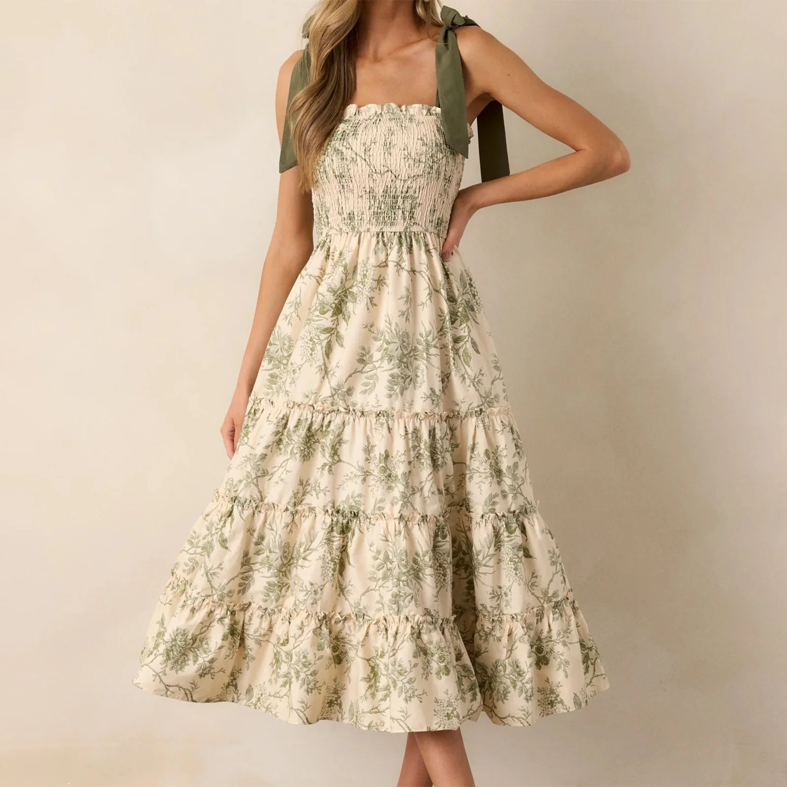 Abiti estivi da donna con stampa floreale Elegante abito a trapezio con volant e smock senza maniche con allacciatura sulla spalla