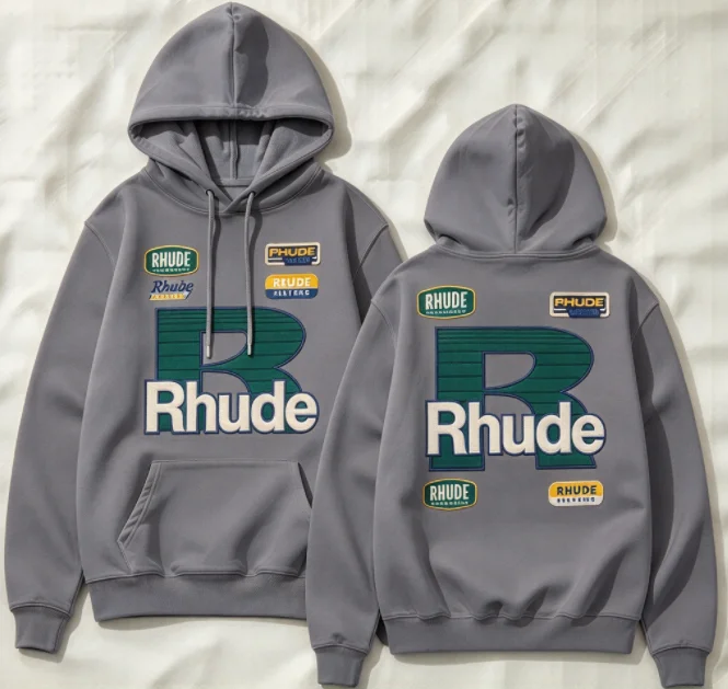 2026 New Vintage Rhude Big R Letter Graphic Hoodie Men Women Oversized Black Hooded Pullover Casual Street Sweatshirt