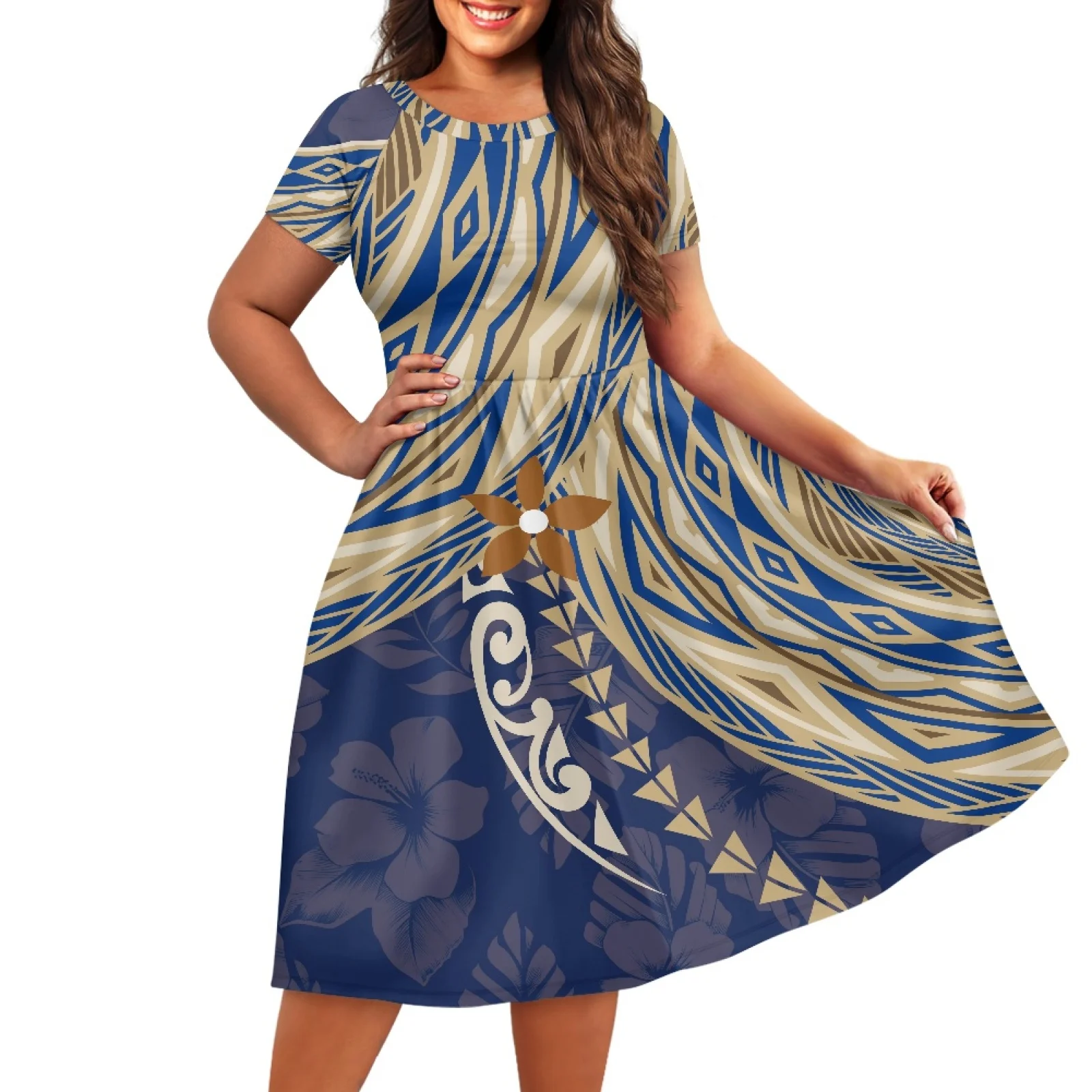 Polinésia tribal samoan estampas vintage feminino em torno do pescoço vestido de verão casual solto balanço feminino manga curta vestido de gola larga