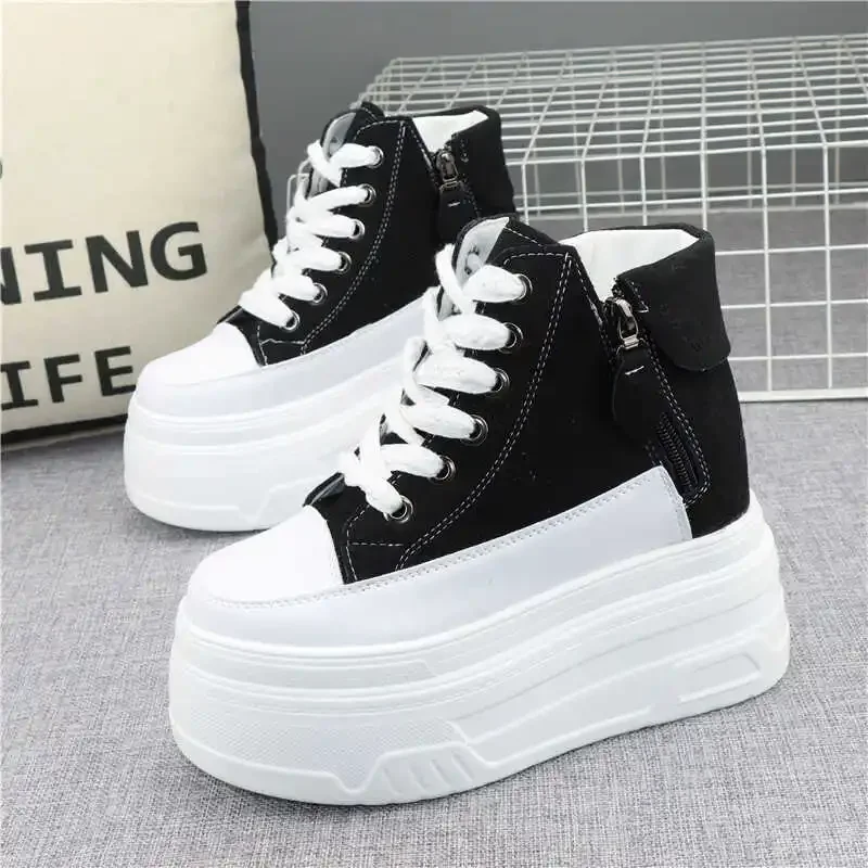 

12CM Autumn New Canvas Shoes Women's Sneakers Comfort Thick Sole Lace-up Vulcanized Shoes Height Increasing Casualot Women Shoes