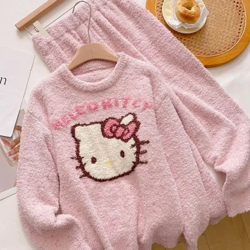 Cartoon Sanrio Hello Kitty Kawaii Pajama Set Cinnamoroll Autumn Winter Indoor Soft Loose Thicken Keep Warm Round Neck Pajamas