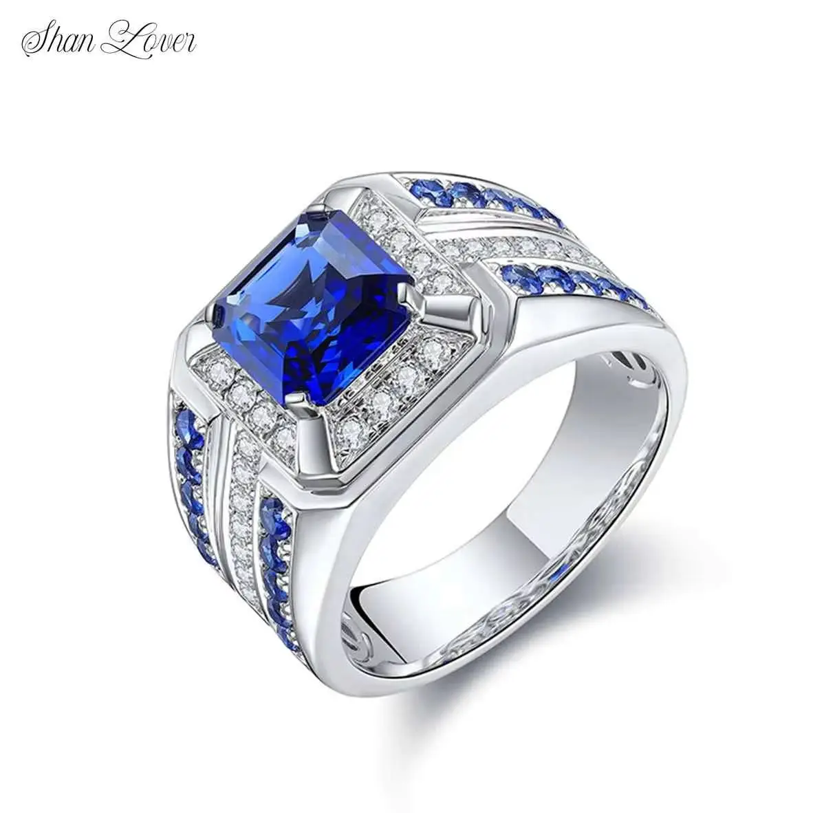 

ShanLover Brand Main Gemstone 2.9ct Sapphire Ring MGI Top Grade Lab Grown Gemstones Rings For Man 925 Sterling Silver Jewelry