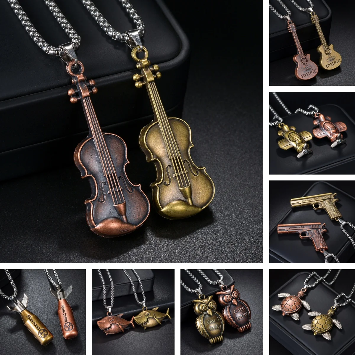 Men\'s Women\'s Bronze Violin Necklace Hip Hop Music Style Stainless Steel Chain Guitar Pendant Jewelry