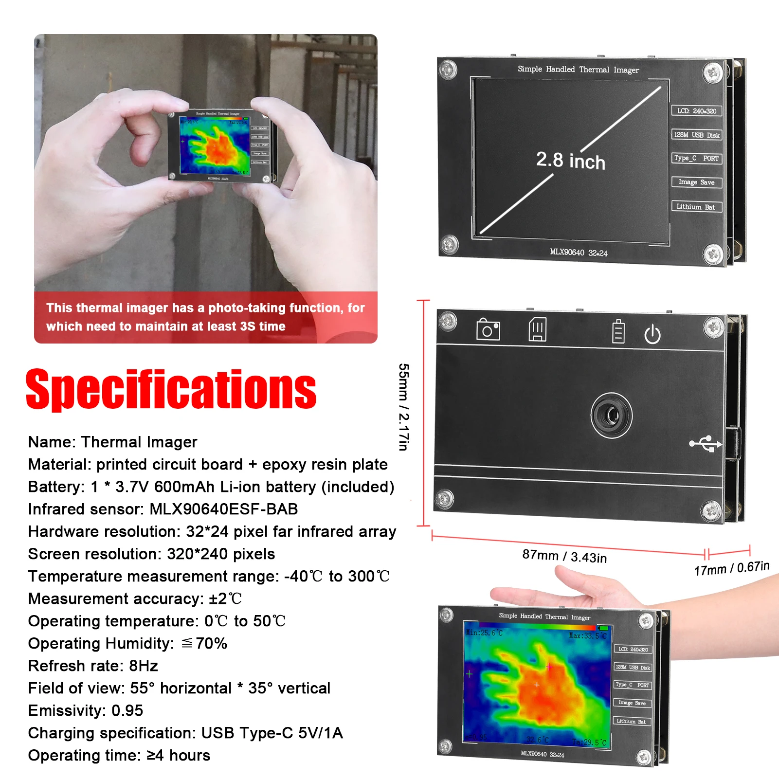 Portable Thermal Imager -40℃ to 300℃ Small Thermal Imaging Camera Support Maximum Minimum Center Temperature Measurement 2.8inch