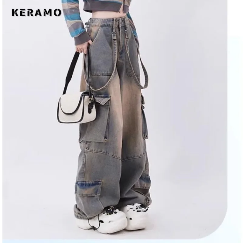 Women Vintage High Waist High Street Style Pockets Straight Jeans Baggy Pants Female Wide Leg Baggy Y2K Grunge Denim Trouser