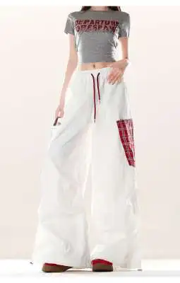 Y2K Streetwear Hip Hop Cargo Pants Women Summer High Waist Loose Plaid Patchwork Wide Leg Pants American Baggy Casual Trousers