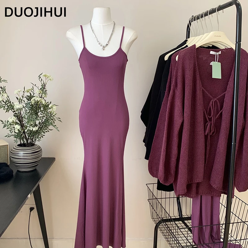 

DUOJIHUI Purple New Chicly Soft Camisole Female Dresses Autumn Classic Solid Color Fashion Office Ladies Simple Women Midi Dress