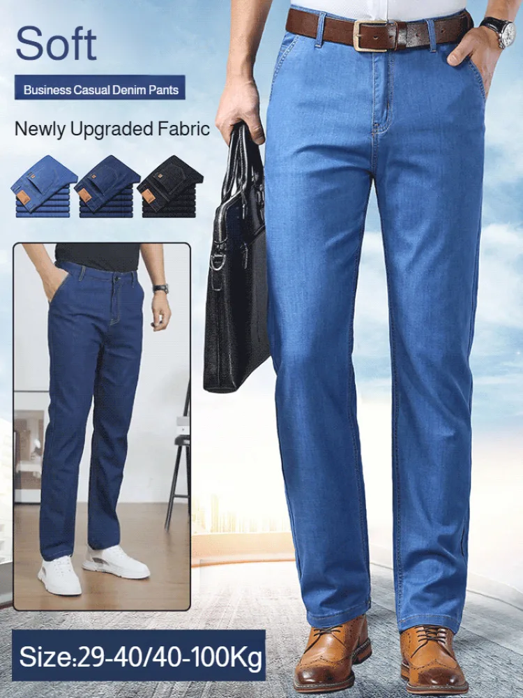 

Мужские весенне-летние свободные прямые джинсы, дышащие эластичные повседневные брюки, тонкие деловые мужские брюки