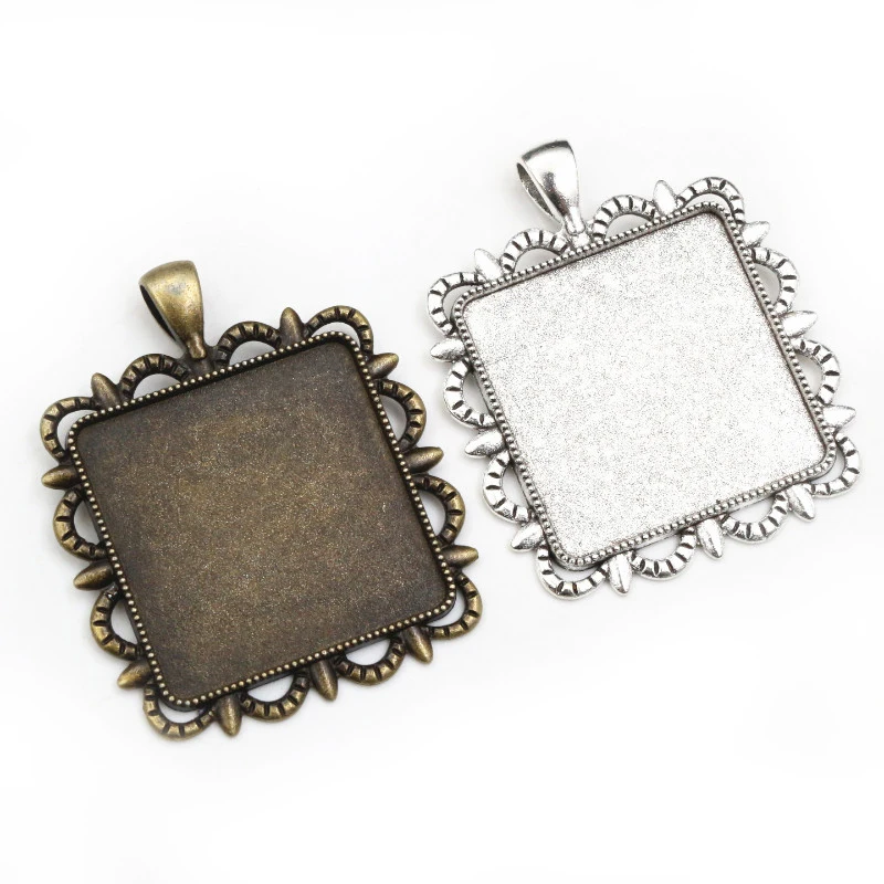 새로운 5pcs 30mm 내부 크기 청동 골동품 실버 컬러 스퀘어 카보촌베이스 설정 매력 펜던트, 피트 스퀘어 유리 카보숑