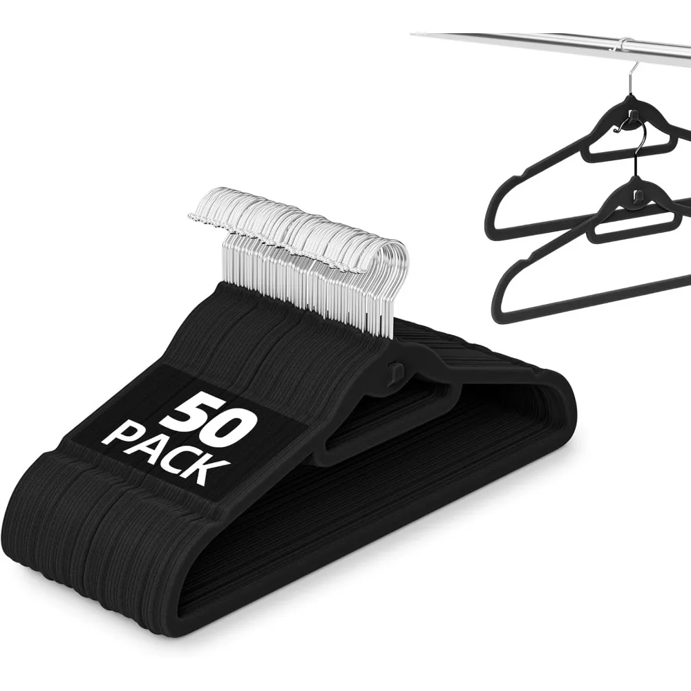 

Velvet Hangers 50 Pack Black, Non Slip Stackable Clothes Hangers with Cascading Hooks, Ultra Thin and Space Saving Felt Hangers