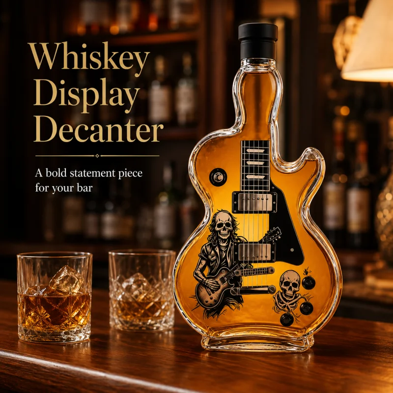 Skelett-Gitarrist Gitarrenförmiger Whisky-Dekanter 350ml Klare Glasflasche Musikthema Heimbar-Dekoration