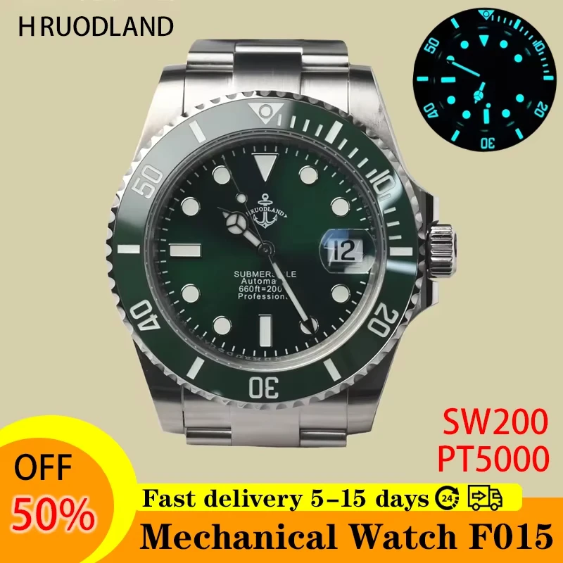 

Hruodland 2025 новые классические автоматические механические мужские часы PT5000 с сапфировым стеклом, нержавеющая сталь, 20 бар, водонепроницаемые, reloj hombre