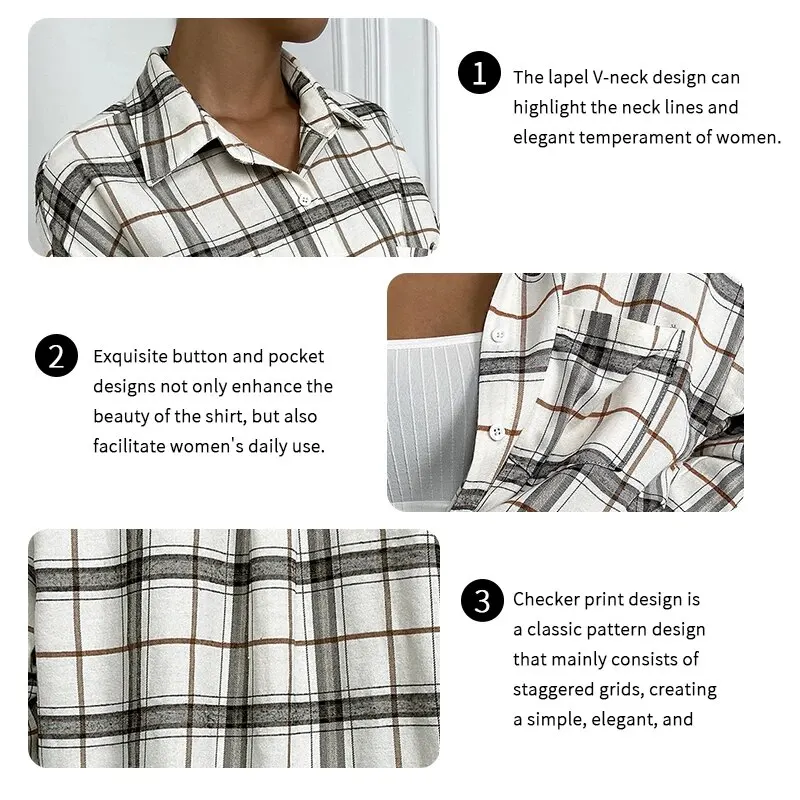 Women\'s Button Down Shirts Fashion Classic Plaid Print Blouse Long Sleeve With Pockets Business Casual Tops Woman Work Blouses