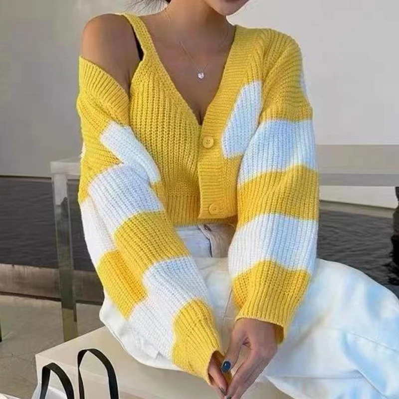 

Fashion Casual Stripe Two Piece Sweater Women 2023 Autumn Loose Knitted Cardigan Long Sleeve V Neck Crop Cardigans Set New 28265