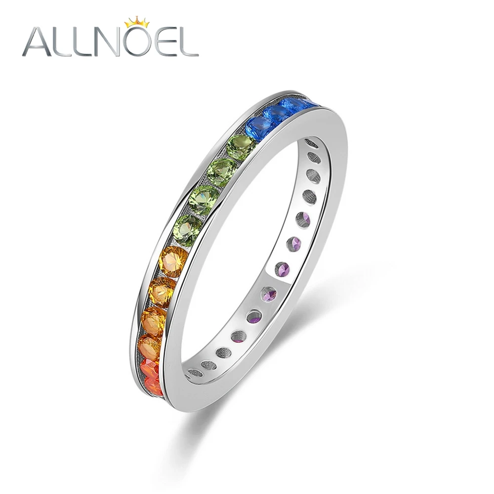 ALLNOEL 925 Sterling Silver Rings for Women Colorful Zircon Gradient Rainbow Gemstone Wedding Band Trendy Gifts Fine Jewelry