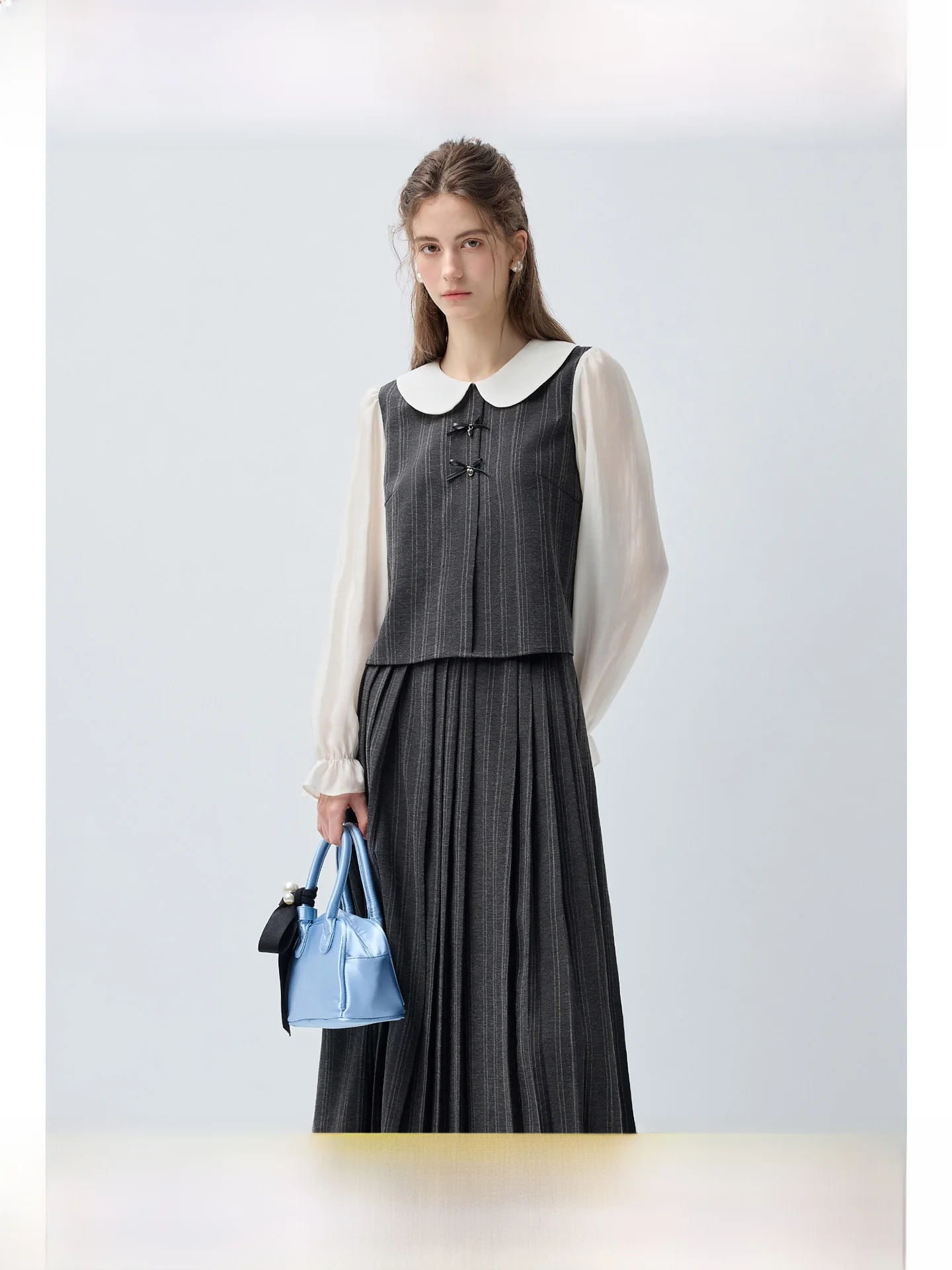 

plus Size Women's Doll Collar Stripe Top And Skirt Set High Waist A-Line Midi Skirt Slimming Hip Covering Spring New Style