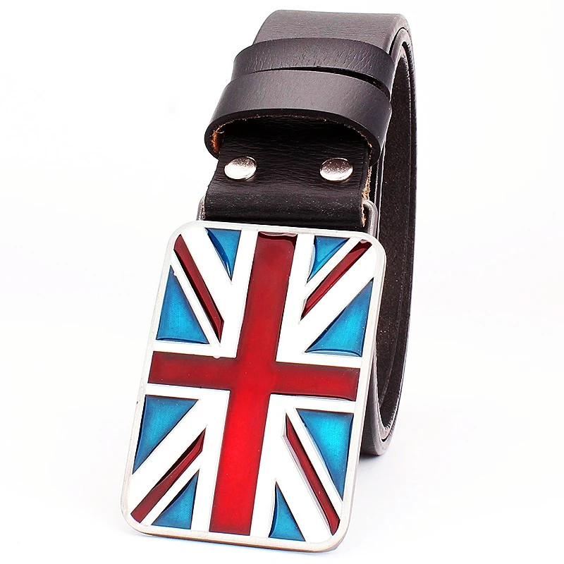 British Flag Pattern Fashion Belts Cowskin Genuine Leather Metal Buckle Union Jack Jeans Waistband Trousers