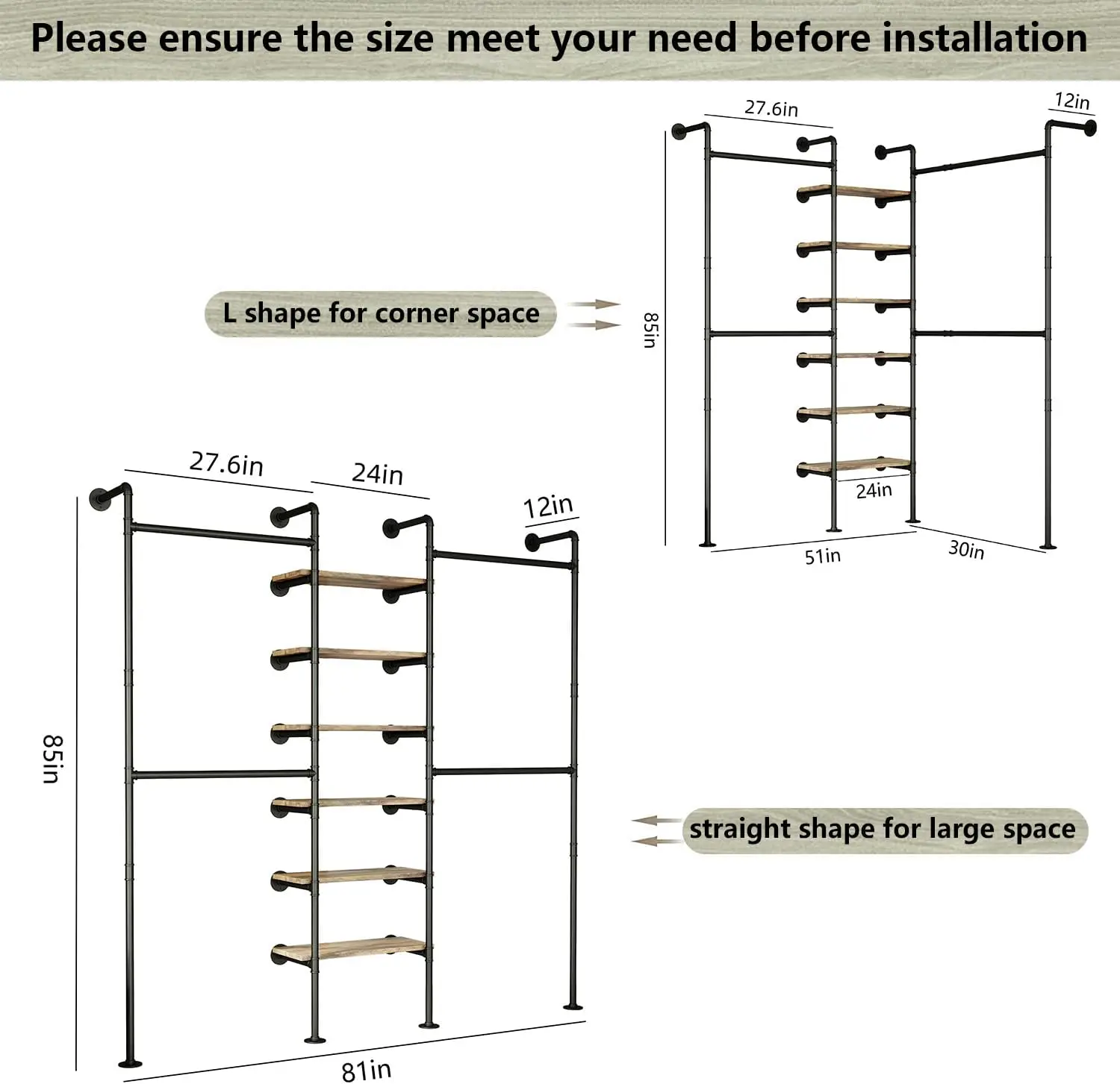 Industrial Pipe Clothes Rack,  Wall Mounted Clothing Rack, for Walk-in Wardrobe Multi-Purpose Storage Clothes Hanging Shelf