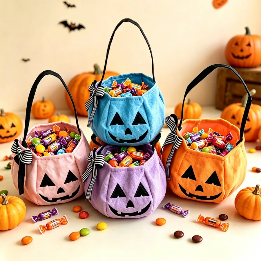 Bunte Halloween-Kürbis-Süßigkeitentasche aus Stoff, Trick-or-Treat-Eimer, wiederverwendbare tragbare Aufbewahrungstasche, Kinderparty, Cosplay, Dekoration, Geschenk