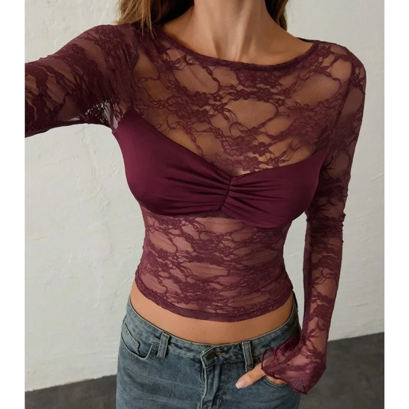 New Lace See-through Long-sleeved Top For Women Slimming And Figure-hugging With Pleats On The Chest