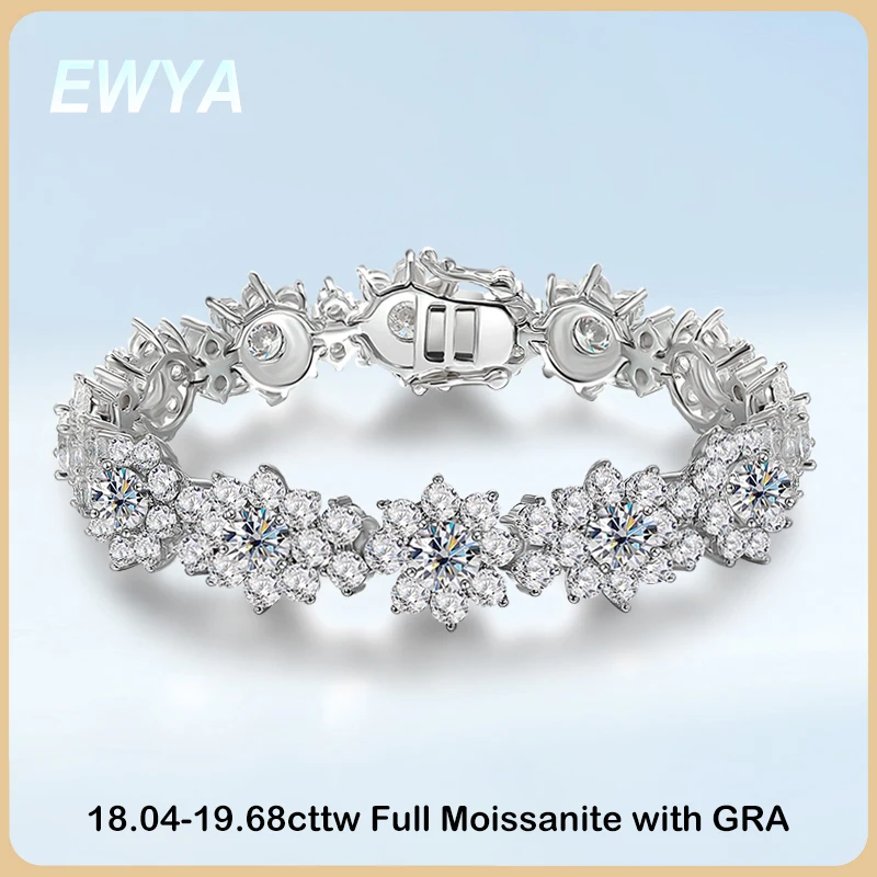 

EWYA Luxury D Color 18.7-20.4cttw Sunflower Full Moissanite Tennis Bracelet For Women S925 Silver Diamond Link Bracelets Bangle