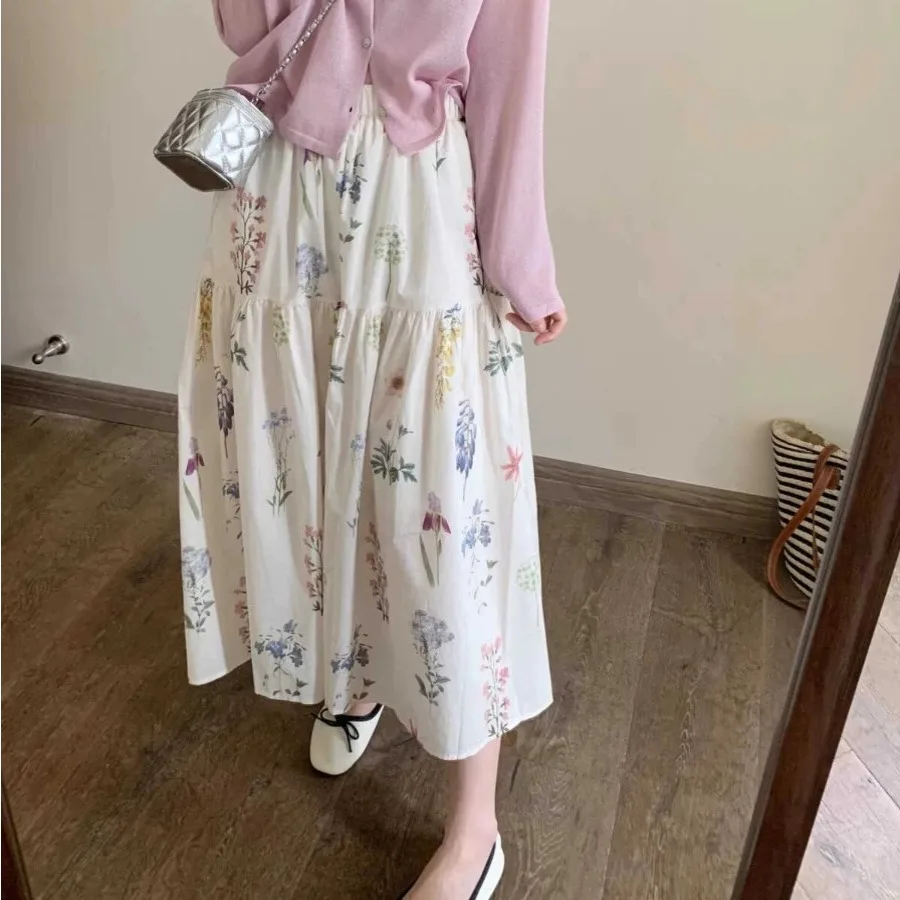 

Sweet Floral A-Line Elastic Waist White Pleated f Skirt Women's Commute Sle mid Waist Polyester Fiber Long Skirt