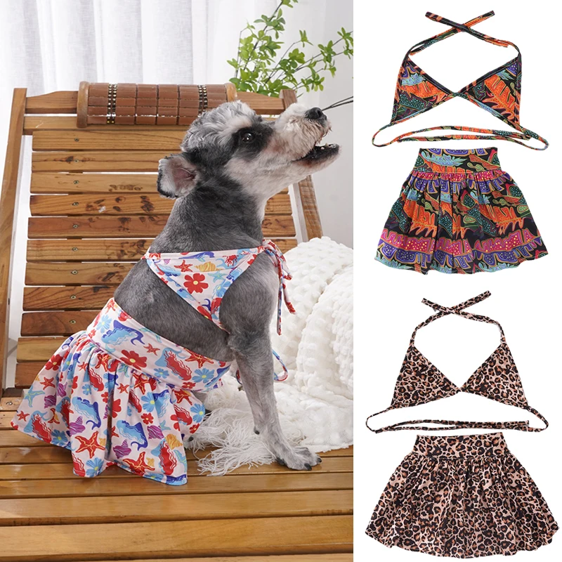 Fashion Leopard Pet Bikini Swimsuit Set for Small Dogs Schnauzer French Bulldog Summer Beach Skirts Female Dog Clothing