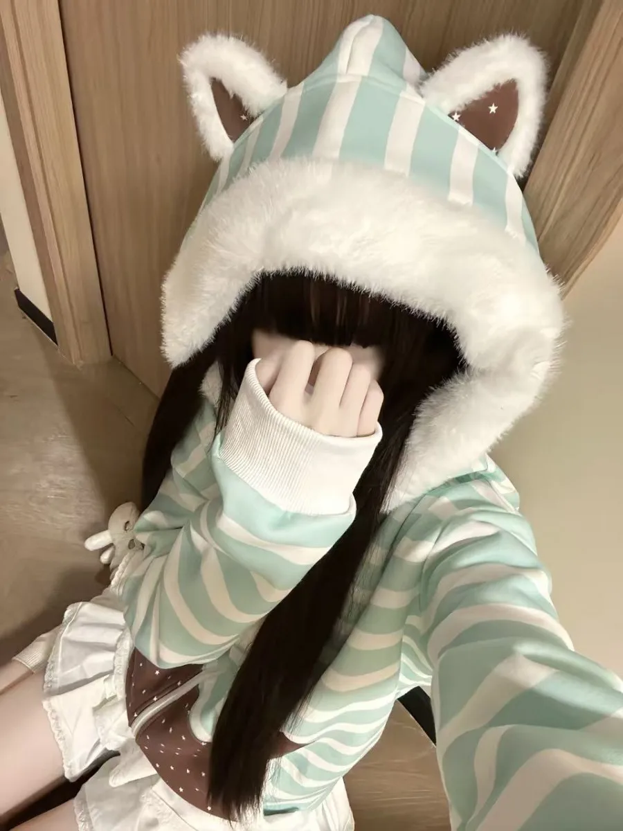 

Japanese Kawaii Print Hooded Coats Women Sweatshirts Harajuku Printed Jacket Aesthetic Grunge Blouse Subculture Cute Y2k Tops