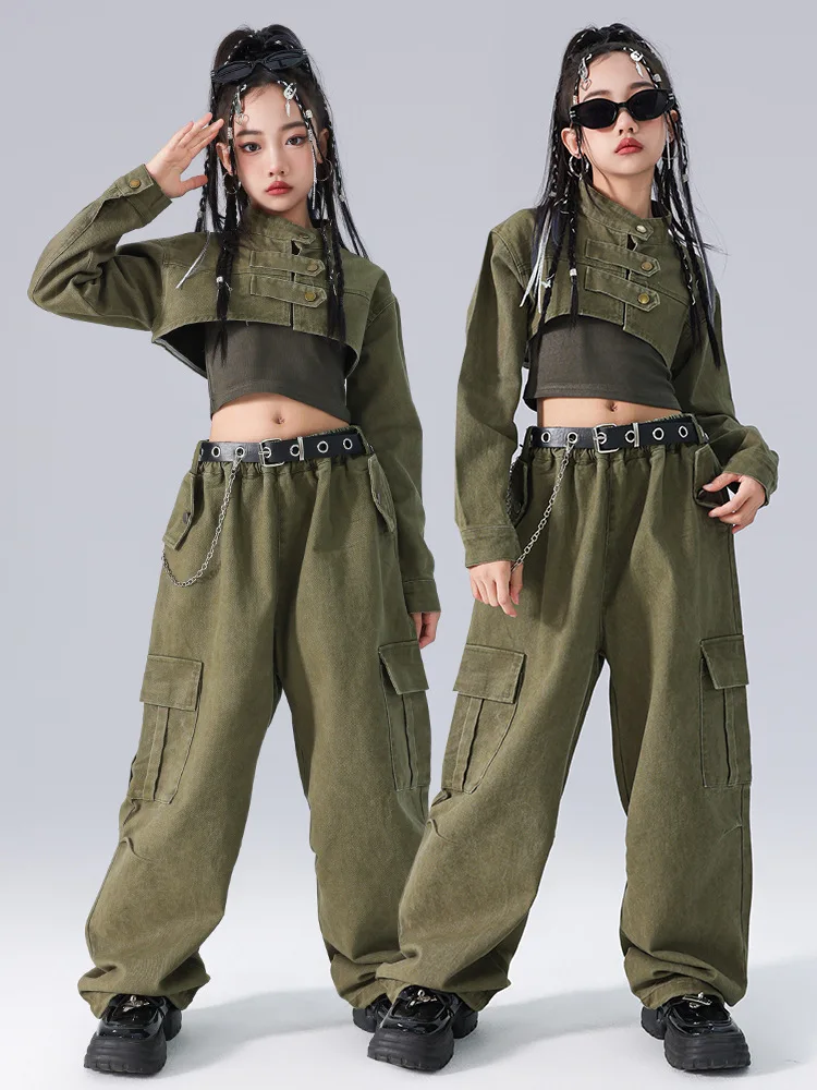 

2024 New Hip Hop Dance Costumes For Girls Crop Tops Cargo Pants Streetwear Children Modern Jazz Dance Stage Performance Clothes