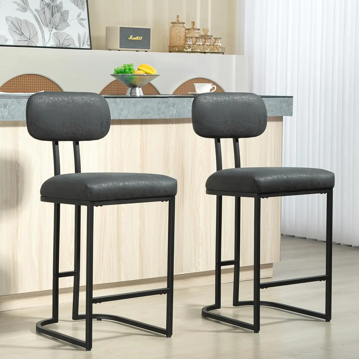 

Counter Height 26" Bar Stools Set of 2, Upholstered Bar Chairs with Metal Footrest and Middle Back, Counter Stools Support 300L