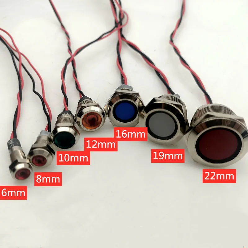 6mm 8mm 10mm 12mm 16mm 19mm 22mm Waterproof IP67 Metal LED Warning Indicator Light Signal Lamp Pilot Wire 3-6v 12-24v 220v