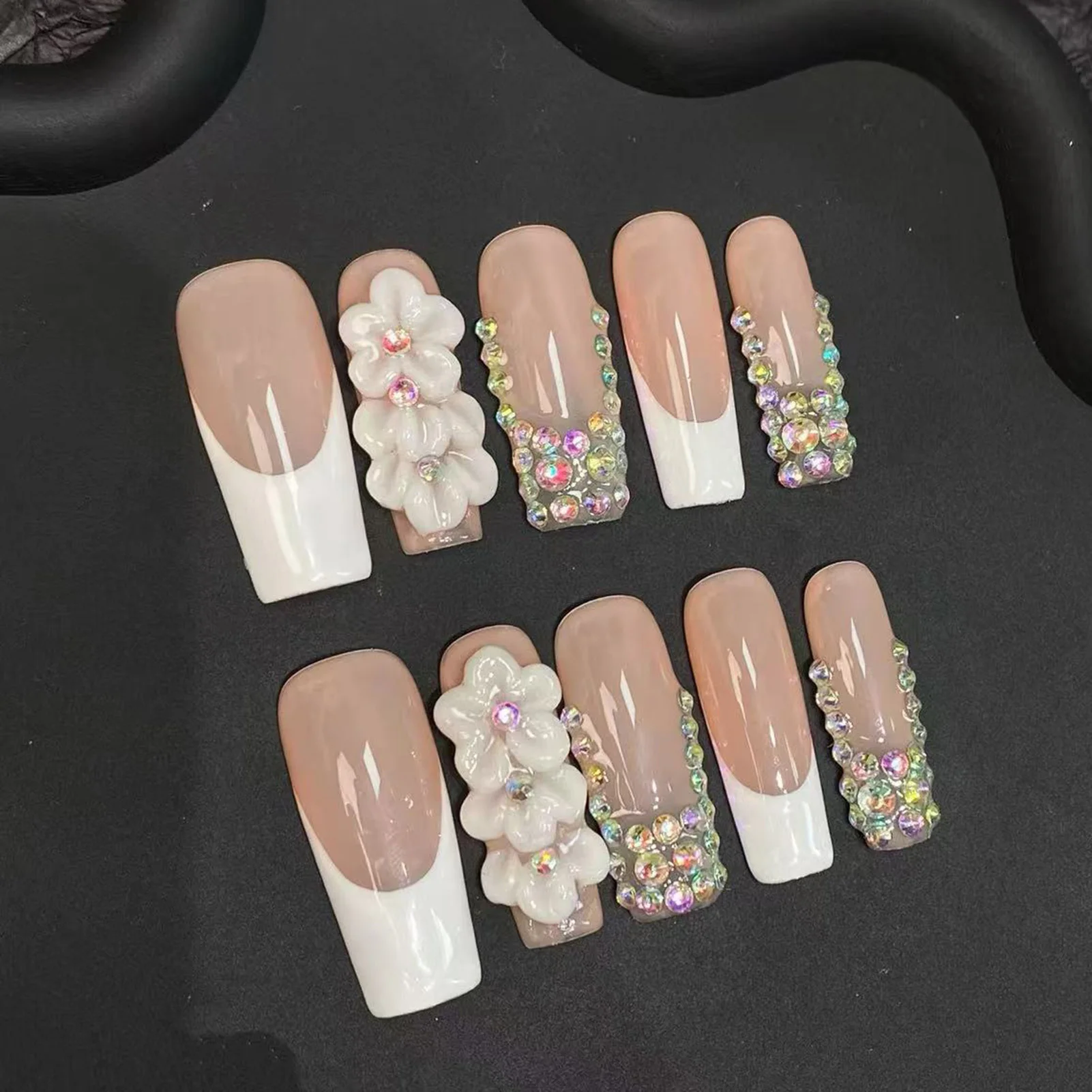 

Nude Color Long Coffin Fake Nails 10Pcs White French Handmade Press On Nail Shiny Diamond 3D Flower Designers Stick-on Nails Art