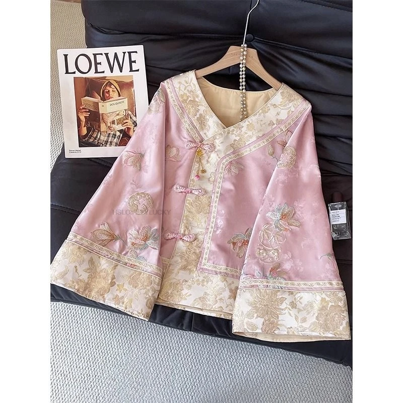

Outerwear Women's Coat Tops Light Luxury Temperament V-neck Embroidery Pink Women Improved Chinese Style Tangsuit Top