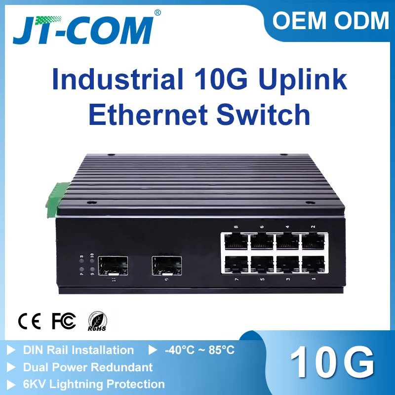 Gigabit 10-port Industrial Ethernet Switch, JT-COM 8*1000M RJ45 ports + 2*10G SFP+ uplink industrial switches