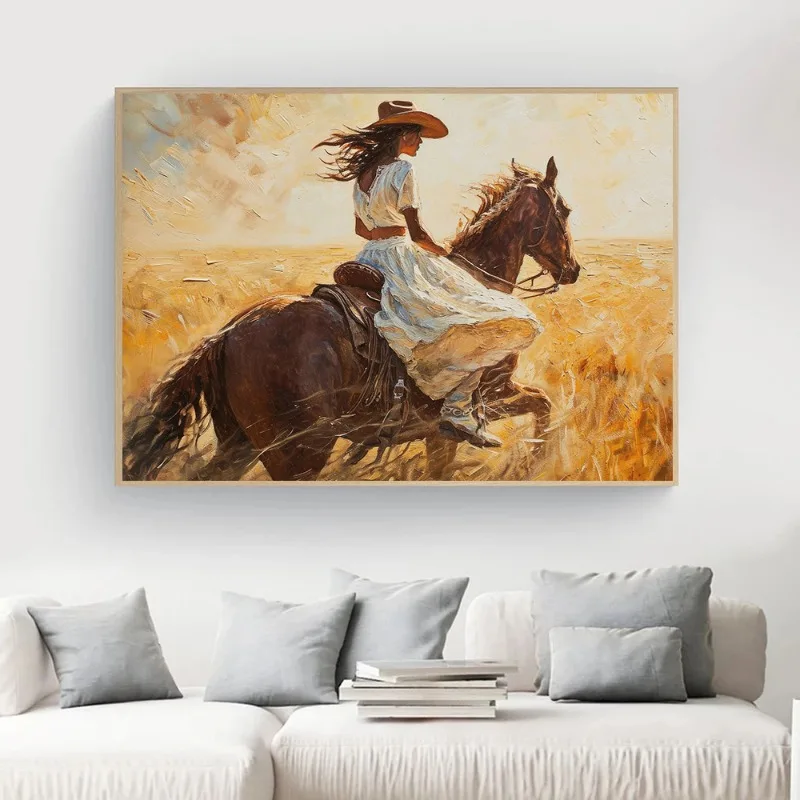 Vintage Cowgirl Riding Her Horse Western Cowboy Rustic Posters and Prints Canvas Painting Wall Art Pictures for Room Home Decor