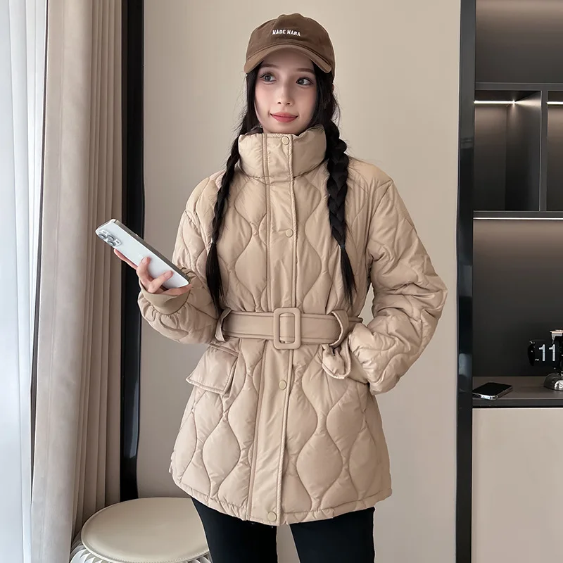 Cotton Coat Parkas Jackets Women Winter Belt Stand Collar Single Breasted Windproof Outwear Thicken Warm Overcoat Office Lady