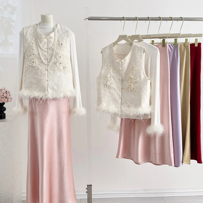 

Шикарный корейский комплект футболок с национальным трендом, базовый слой, топ f, юбка, жилет, осенне-зимняя верхняя одежда Thiened для женщин