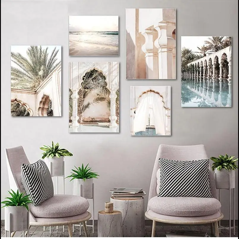 Nordic Beach Palm Leaf Canvas Print  Soft Light Blurred Garden Islamic Poster for Living Room Wall Decor