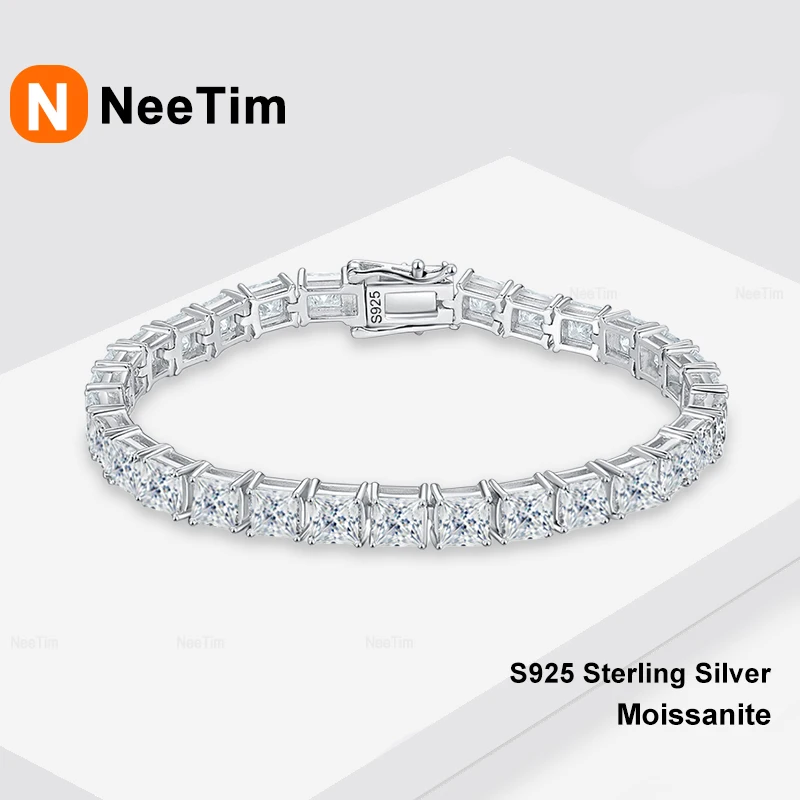 NeeTim 2mm 3mmm 4mm 5mm Full Princess Cut Moissanite Tennis Bracelet For Women Man Sparkling S925 Silver Bracelets Hand Chain
