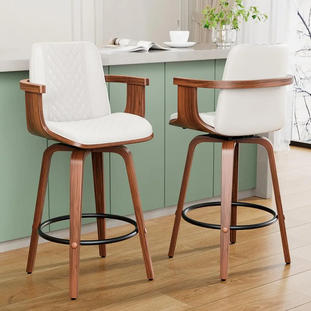 

Bar Stools Set of 2, 26 Bentwood Barstools with Arms, MidCentury Modern Counter Height Swivel Bar Chairs, PU Leather Barstools