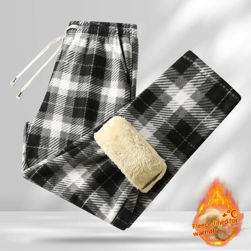 

UETEEY Winter Sweatwear Men Plaid Plush Thick Fleece Sweatpant Lambswool Thermal Trousers Casual Loose Straight Cut Pants Male
