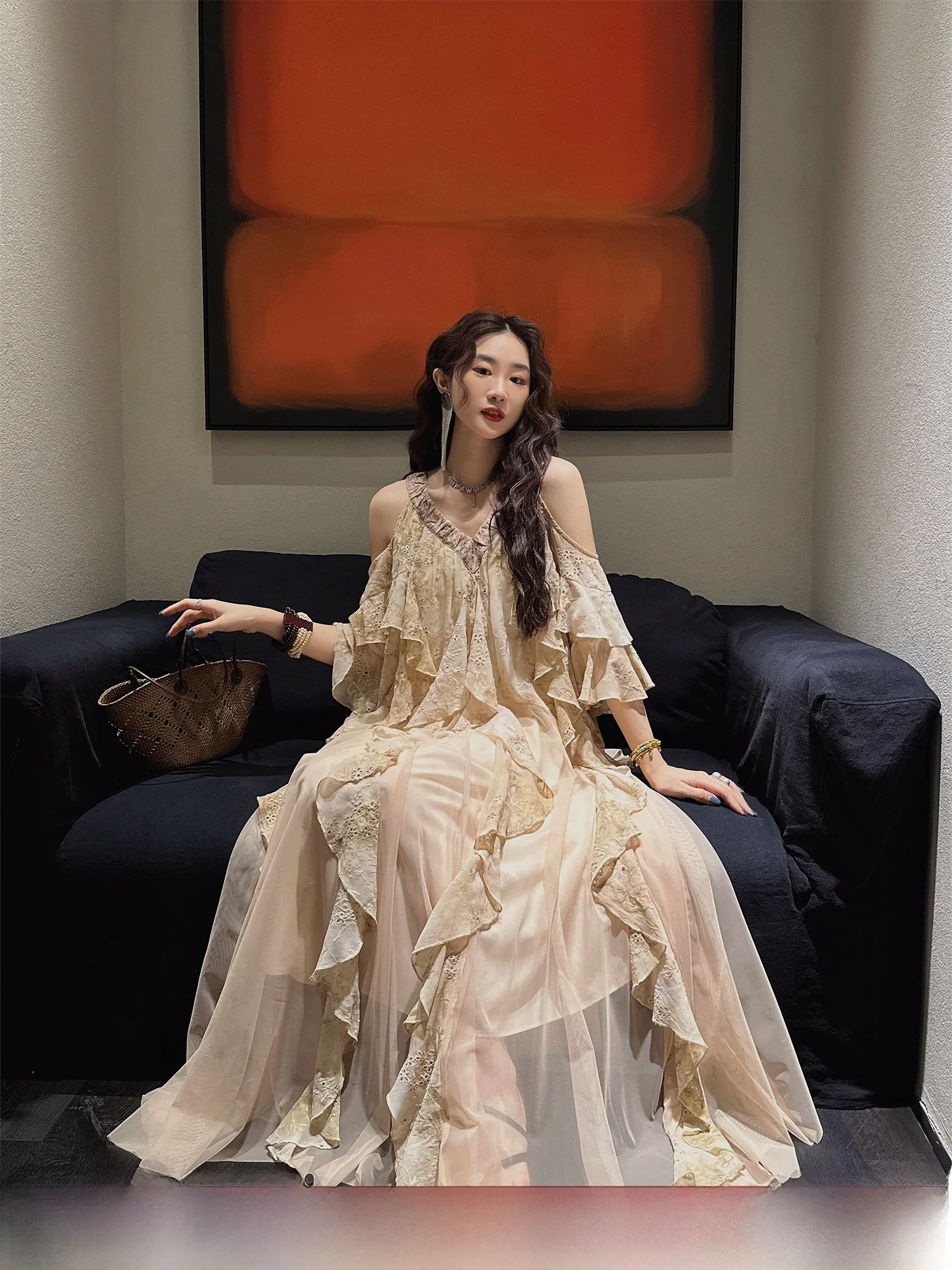 

Sanji Bla Flower New Chinese Sle National Trend Dr Gold Embroidery Long Skirt Faionable Casual V-ne A-line Dr