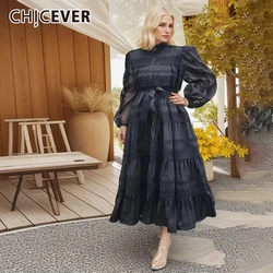 CHICEVER Oversize Long Dresses For Women Stand Collar Lantern Sleeve Embroidery Spliced Lace Up  Casual Dress Female Clothes New