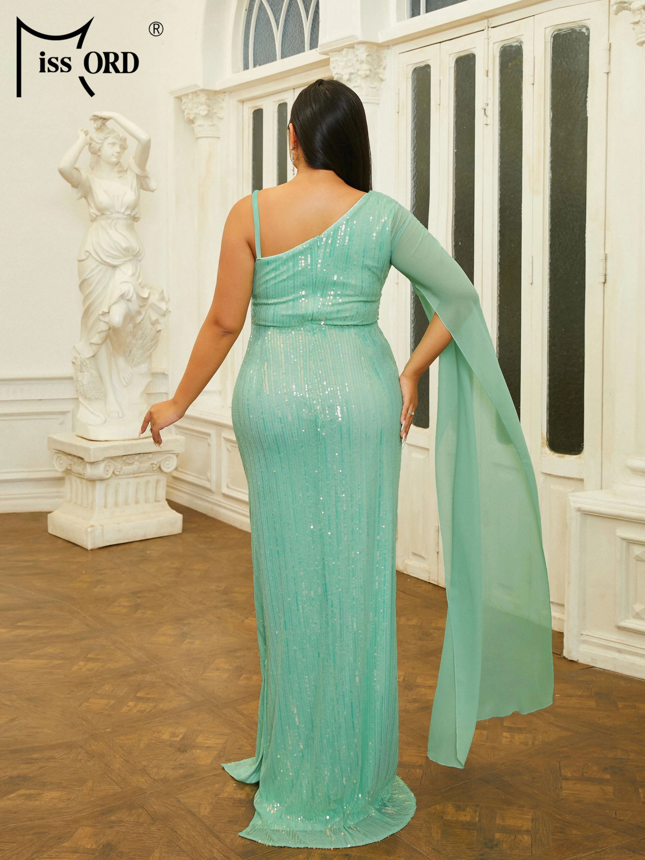 Missord New Plus Size Green One Shoulder Sequin Cocktail Prom Evening Formal Occasion Dresses