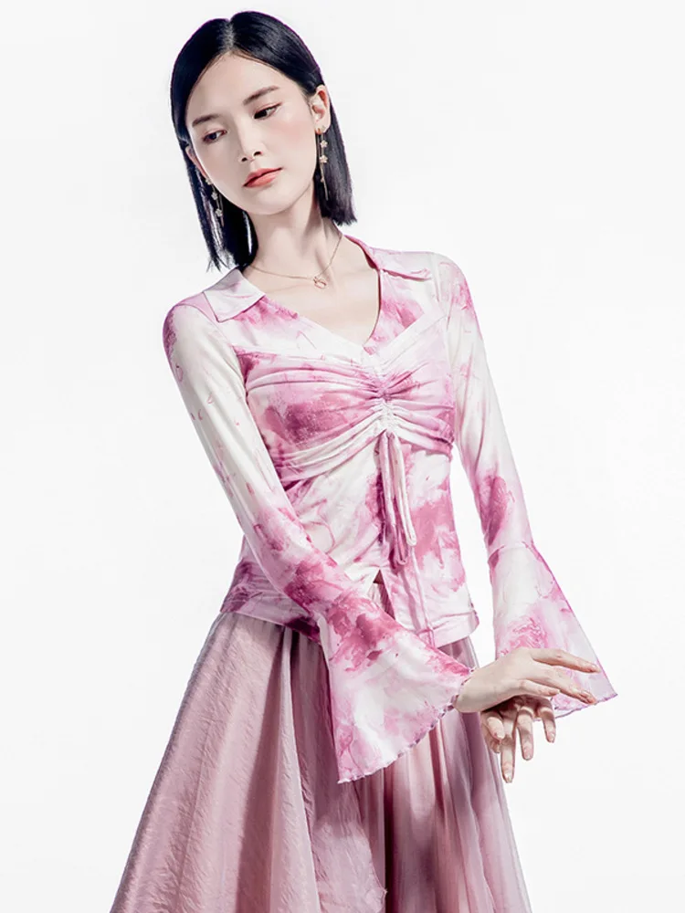 

Women Classical Dance Tie-Dye Mesh Drawstring Bell Sleeve T-Shirt Elegant Stage Costume Breathable Stretchy Practice Dancewear