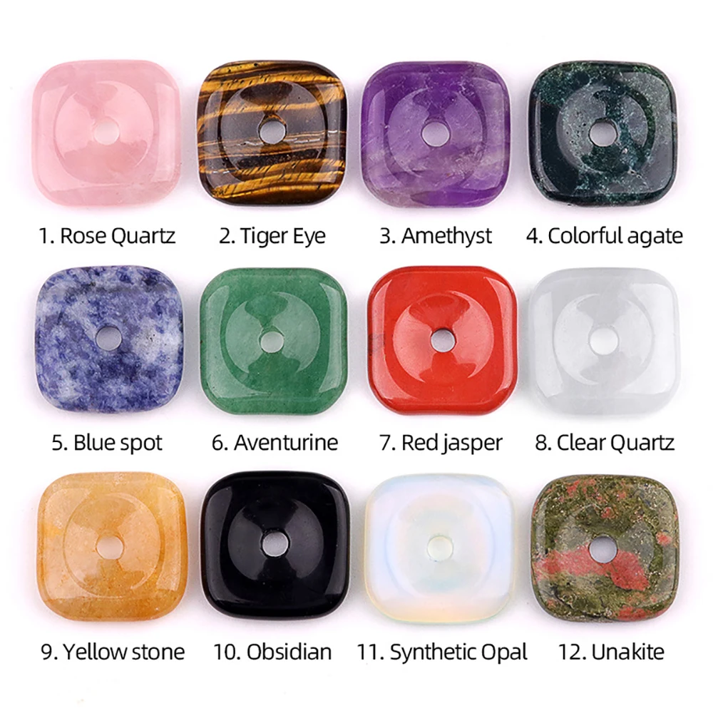 30mm Natural Stone Peace Buckle Square Shape Craft Rose Quartz Amethyst Healing Crystals Hanging Ornament with Braided Rope Gift